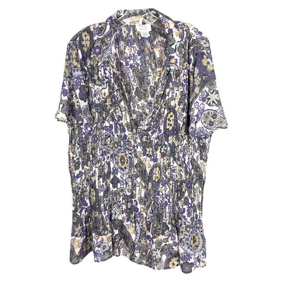 Only Necessities Plus Size 1X Top Purple Gray Floral Pleated Chiffon Fitted 1031 - Picture 1 of 8